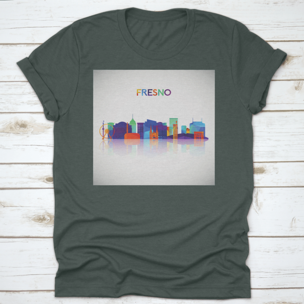 Colorful geometric silhouette of Fresno skyline on a cotton shirt, showcasing vibrant colors and modern design.