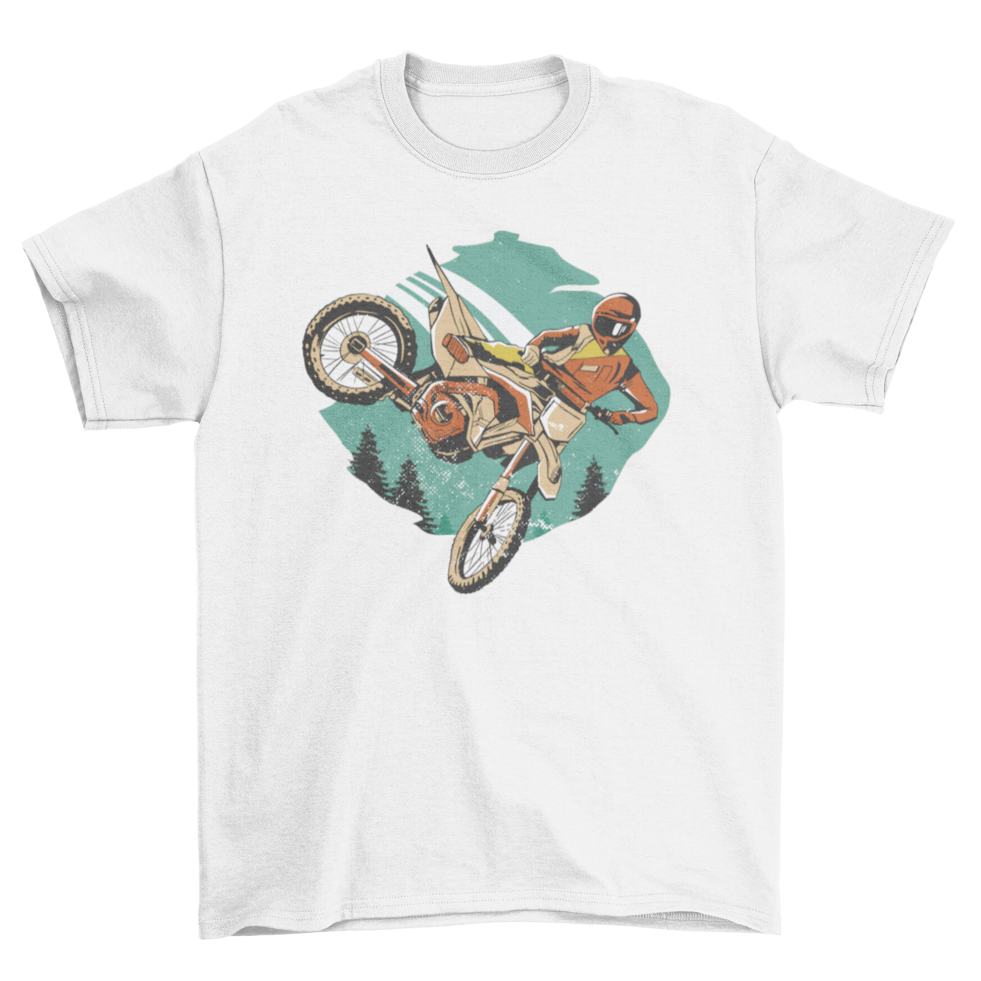 Freestyle Motorider T-shirt featuring a motorcycle rider performing stunts, showcasing a vibrant design.
