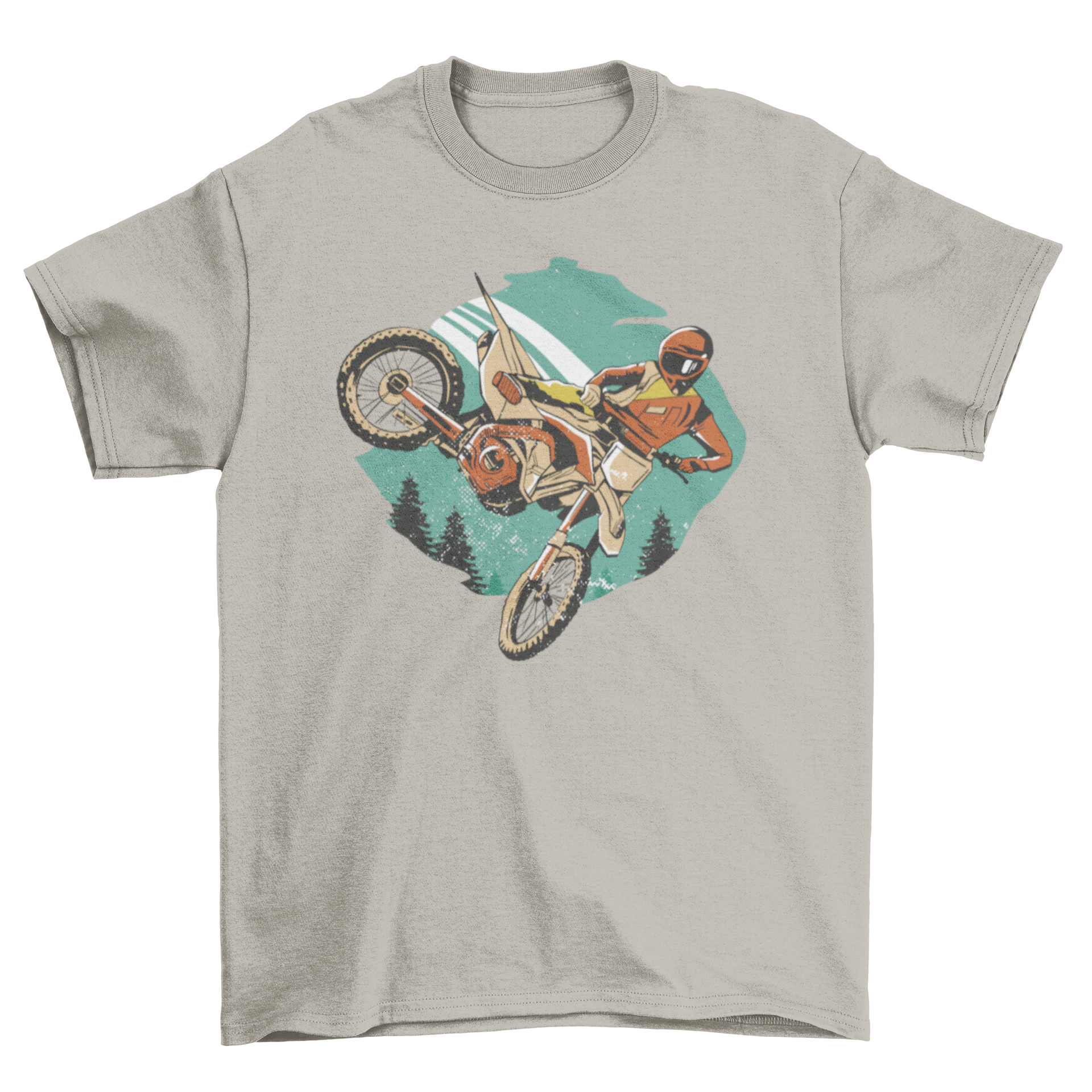 Freestyle Motorider T-shirt featuring a motorcycle rider performing stunts, showcasing a vibrant design.