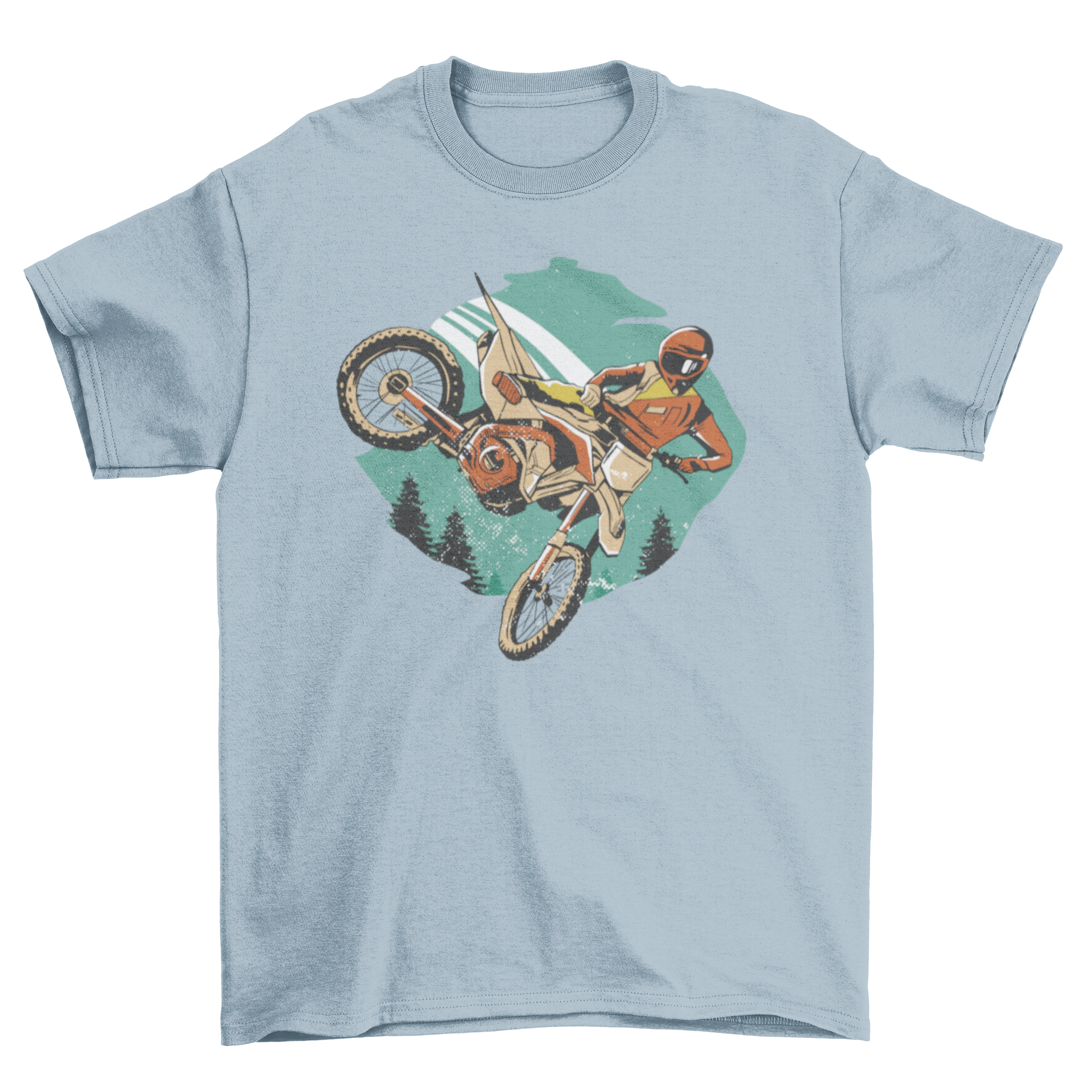 Freestyle Motorider T-shirt featuring a motorcycle rider performing stunts, showcasing a vibrant design.