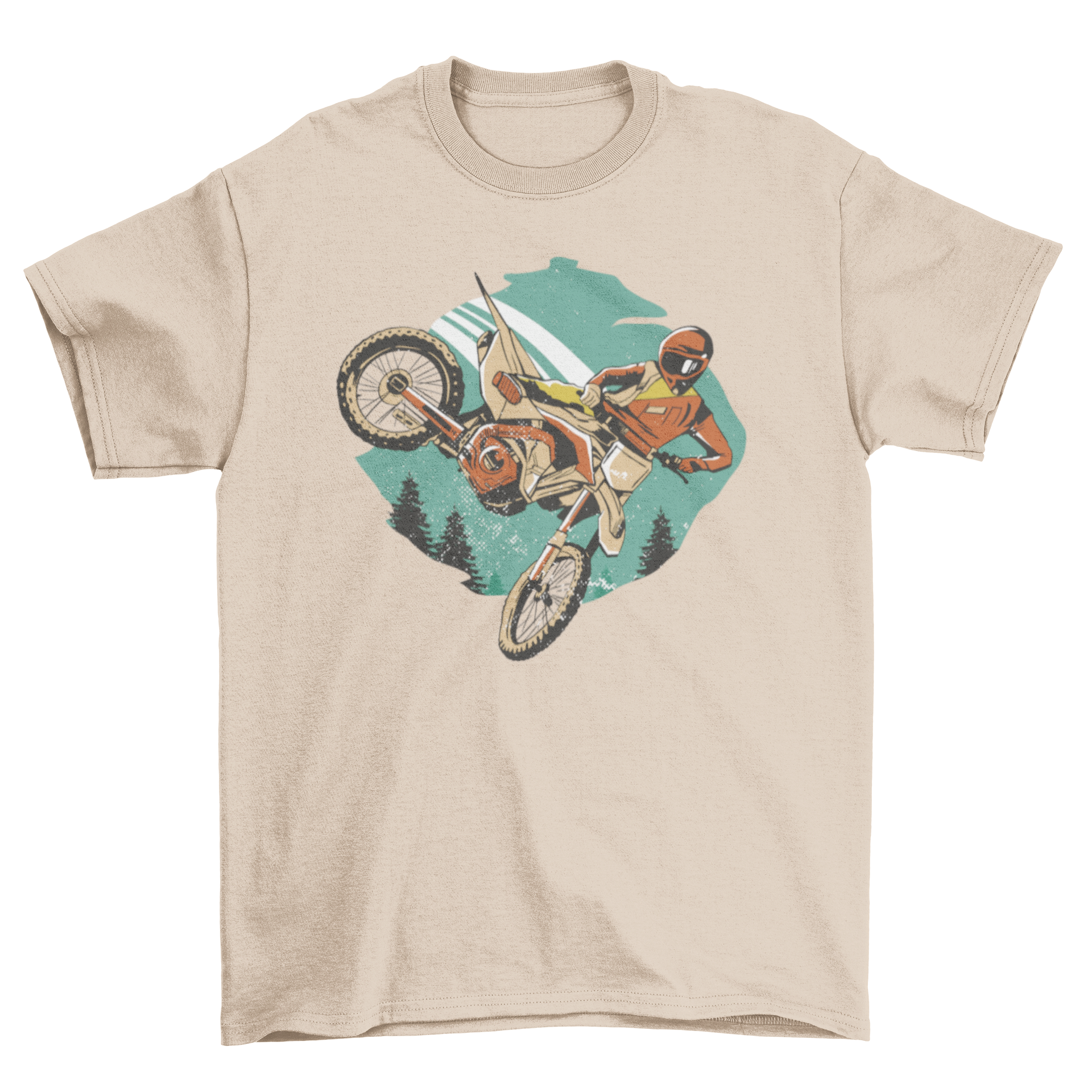 Freestyle Motorider T-shirt featuring a motorcycle rider performing stunts, showcasing a vibrant design.