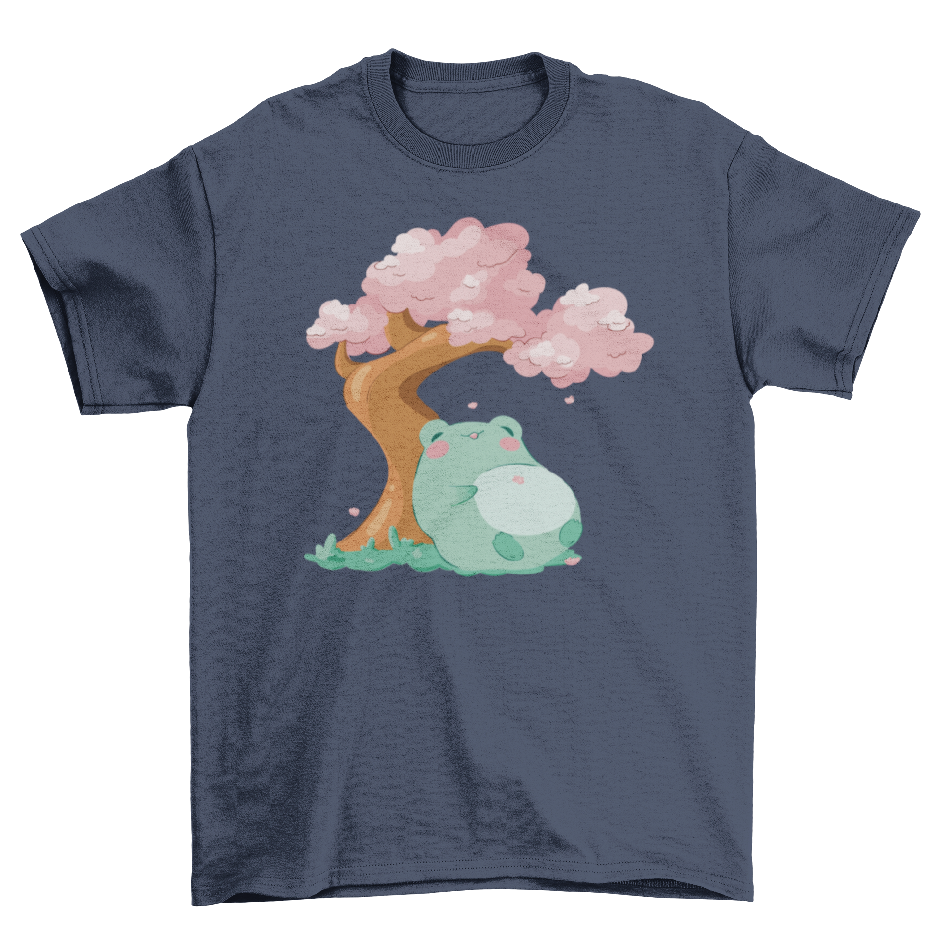 A charming t-shirt design featuring a frog resting against a beautiful sakura tree with pink blossoms.