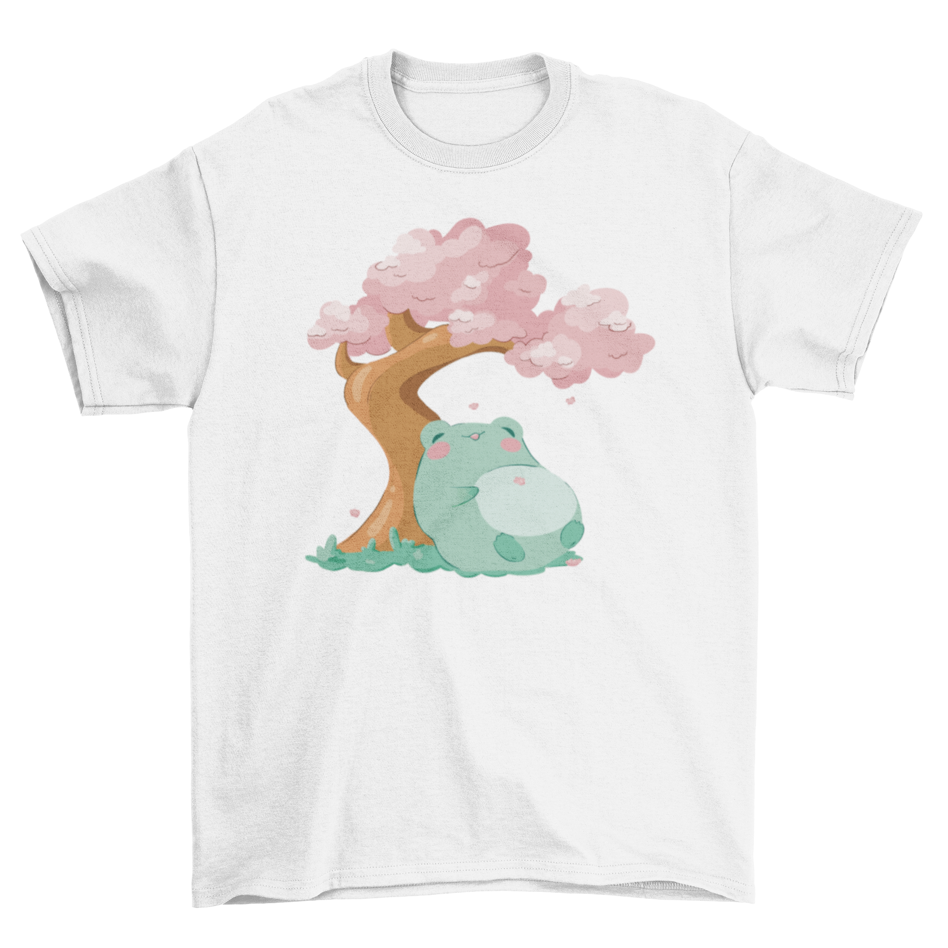 A charming t-shirt design featuring a frog resting against a beautiful sakura tree with pink blossoms.