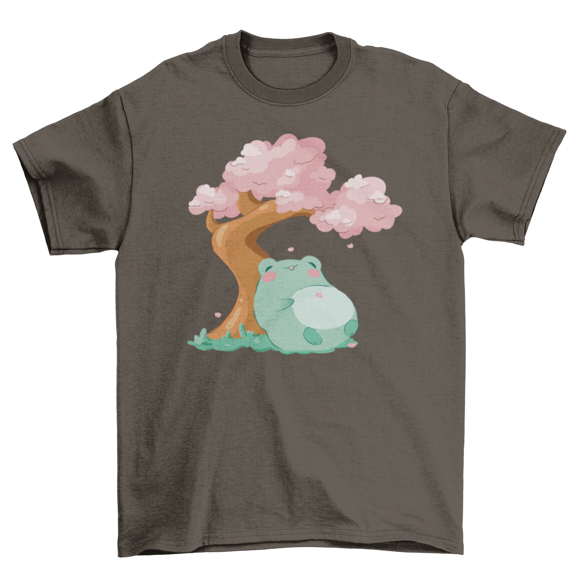A charming t-shirt design featuring a frog resting against a beautiful sakura tree with pink blossoms.