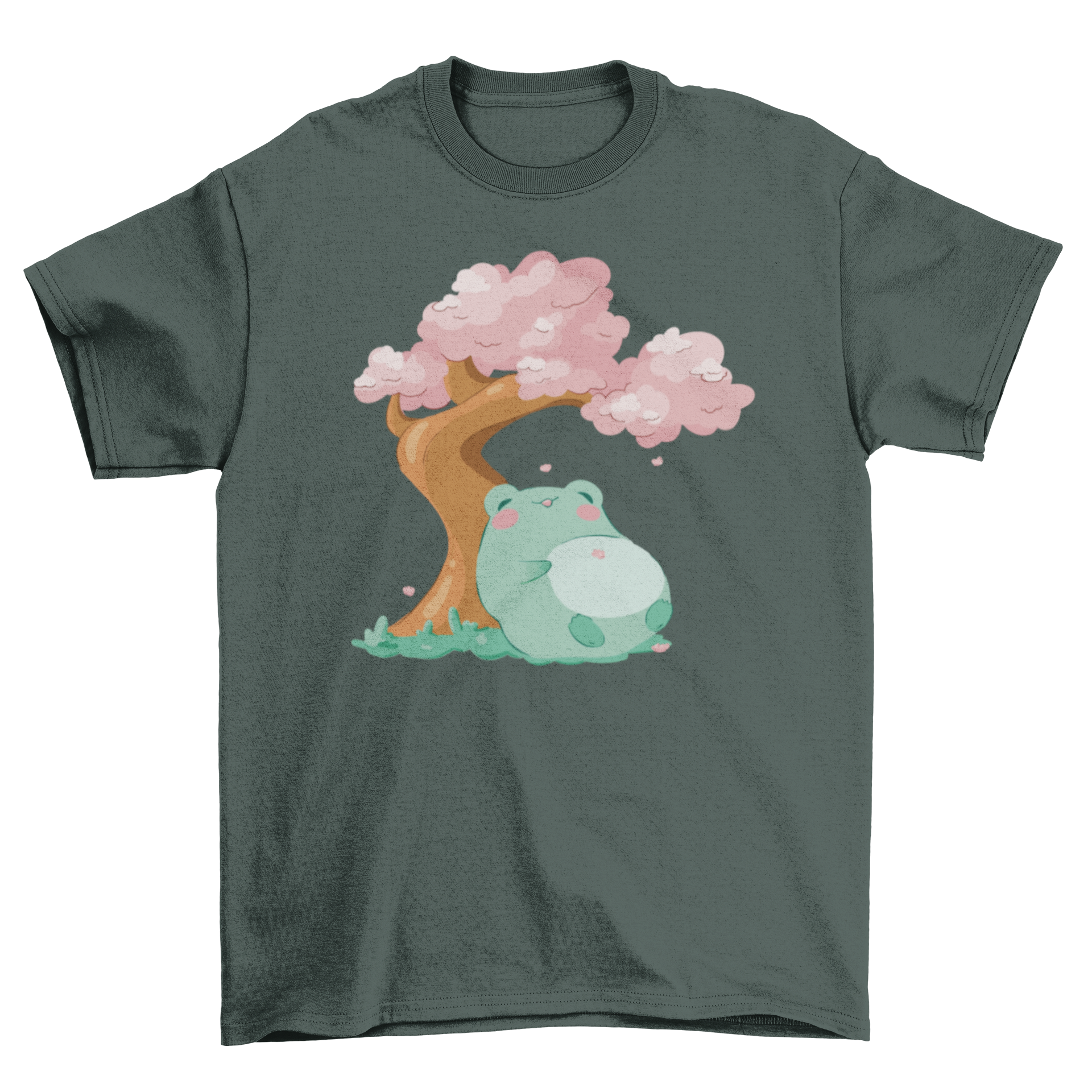 A charming t-shirt design featuring a frog resting against a beautiful sakura tree with pink blossoms.
