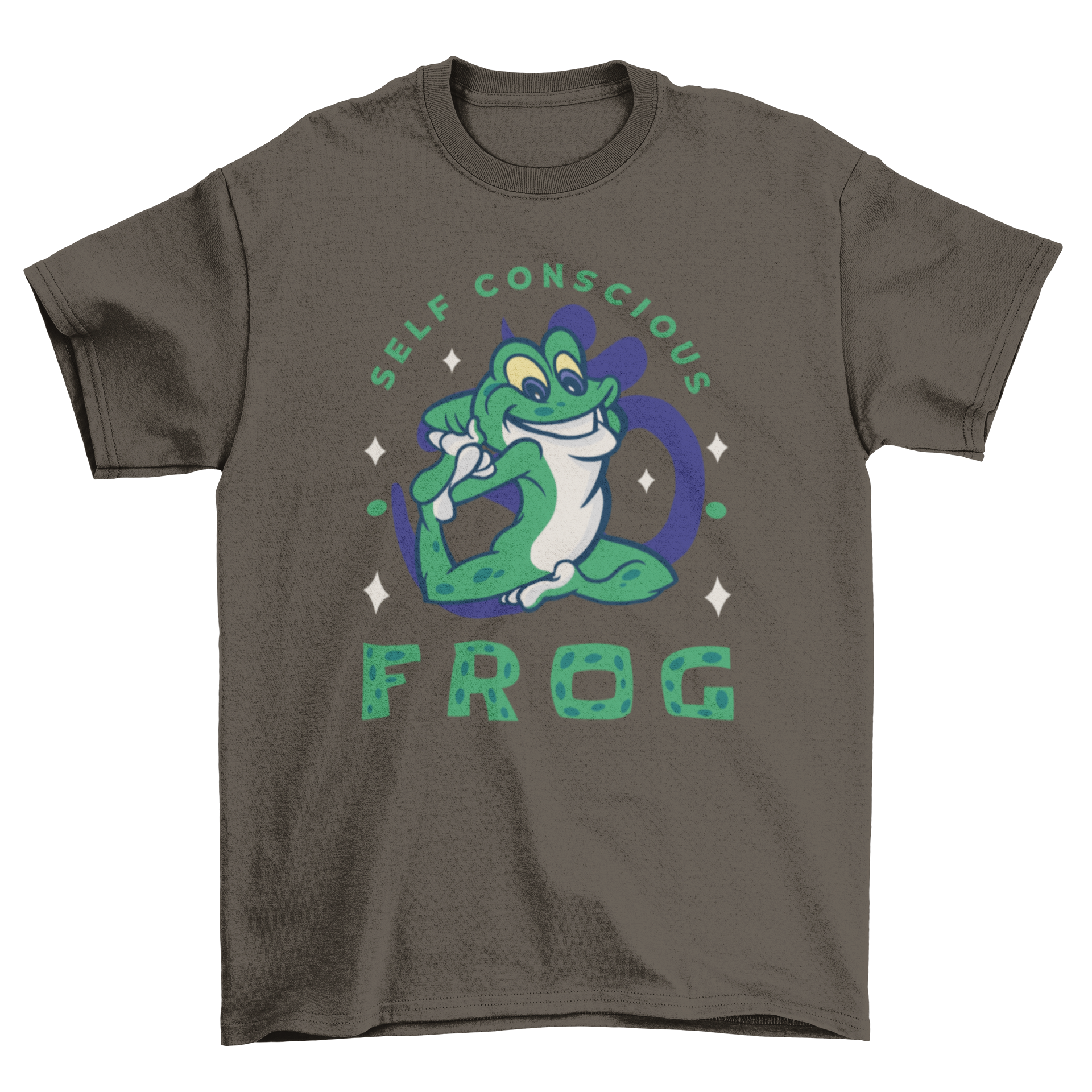 A stylish t-shirt featuring a frog in a yoga pose with the quote 'Self conscious frog' printed below.