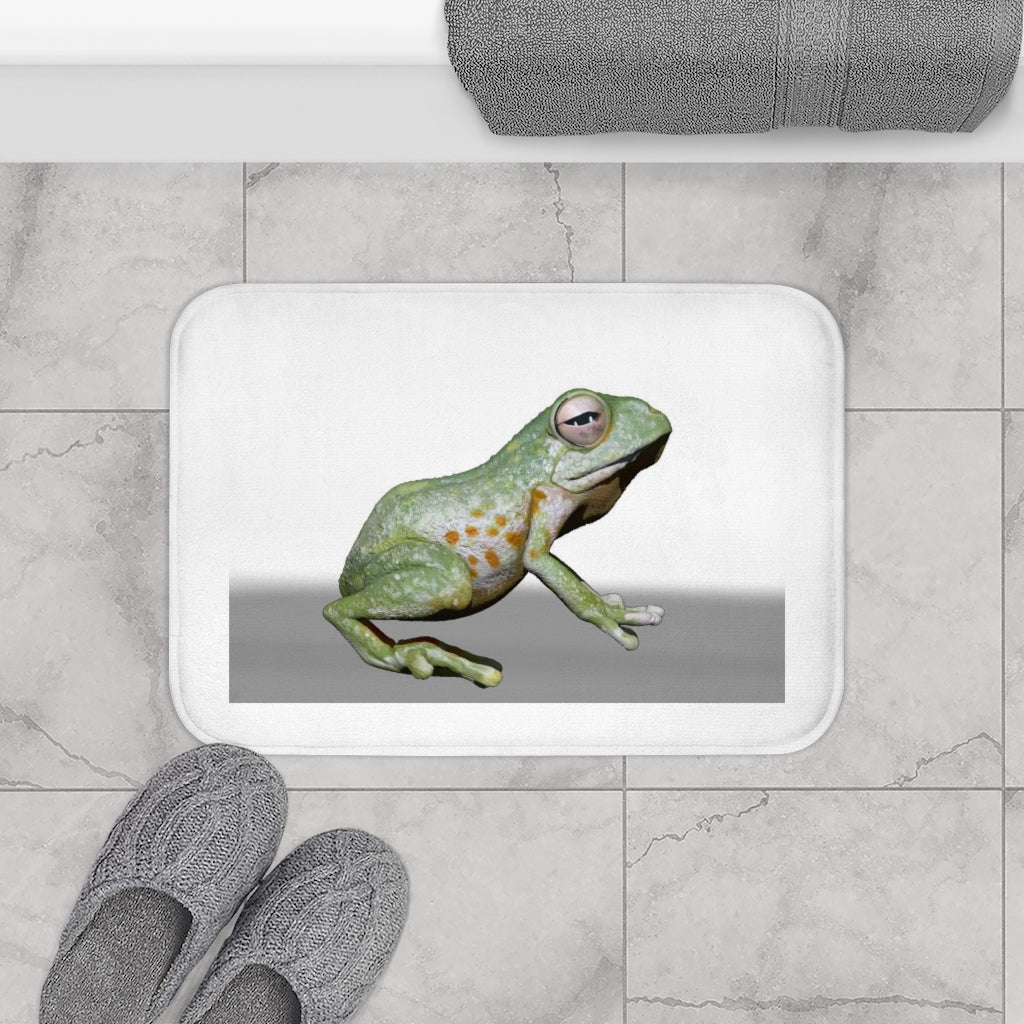 A vibrant frog-themed bath mat with anti-slip backing, showcasing a playful design perfect for bathroom decor.