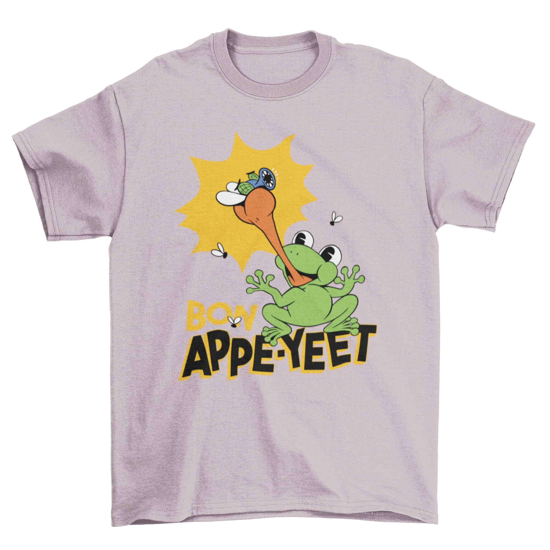 A colorful cartoon t-shirt design featuring a frog catching a fly with its tongue, showcasing a fun and whimsical illustration.