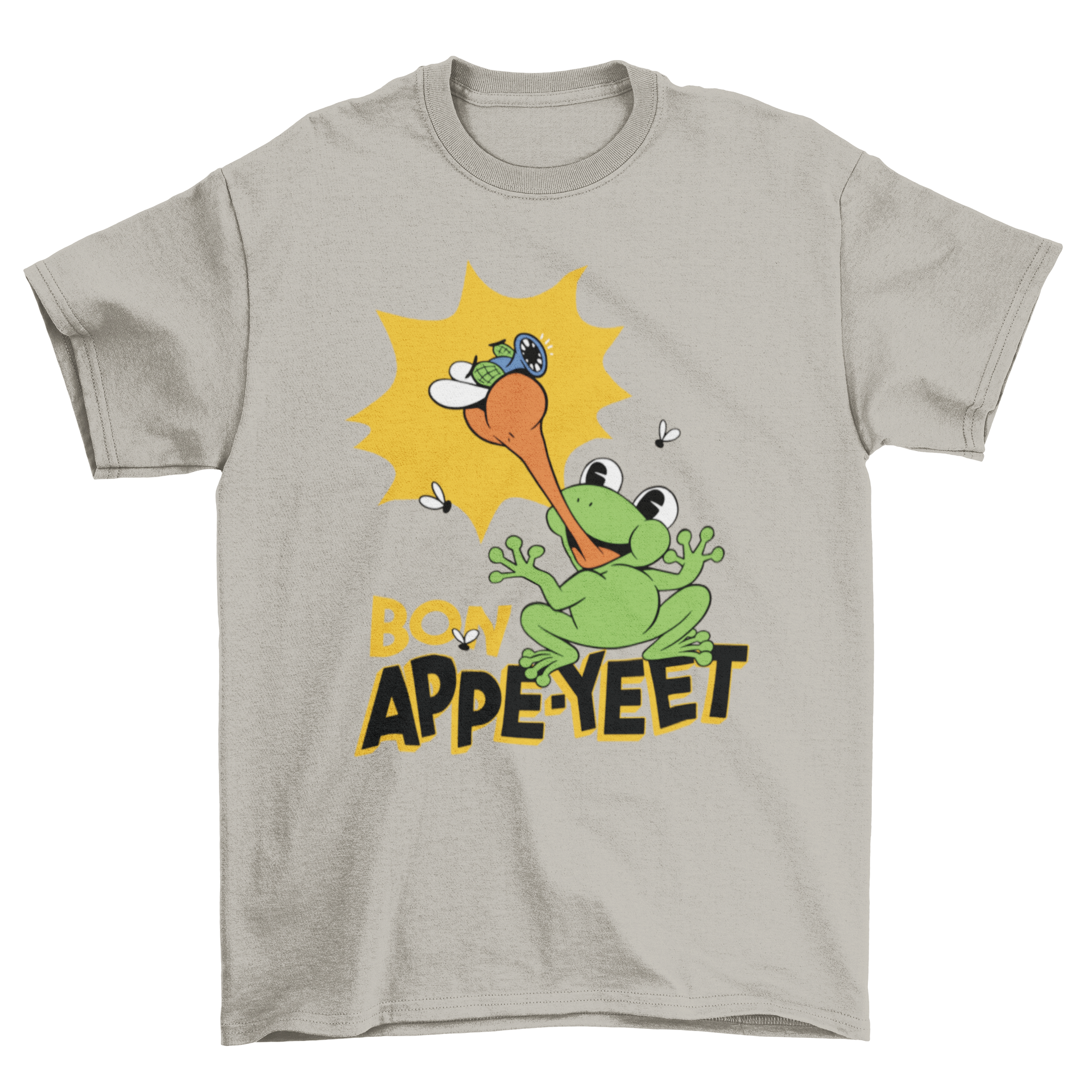 A colorful cartoon t-shirt design featuring a frog catching a fly with its tongue, showcasing a fun and whimsical illustration.