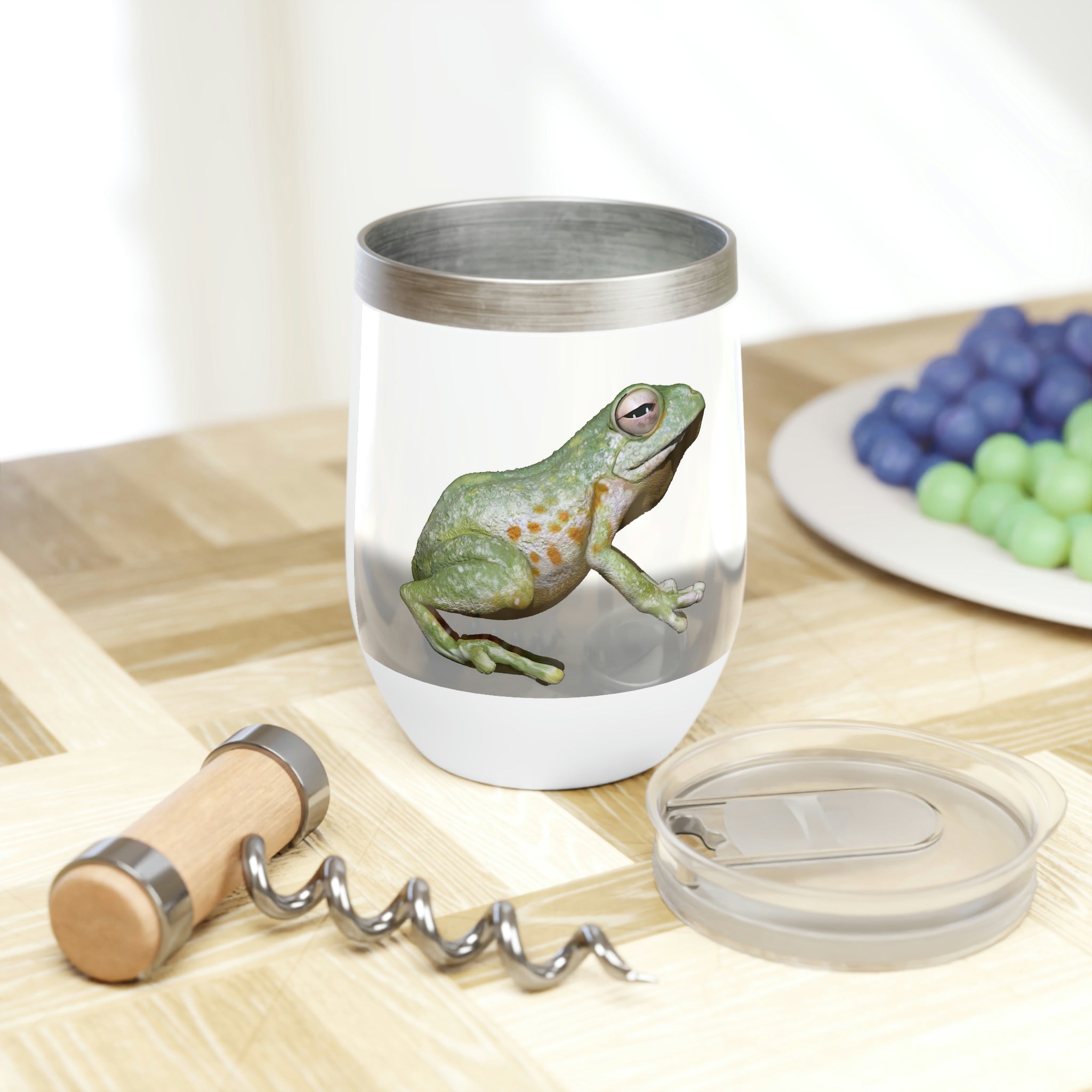 Frog Chill Wine Tumbler in stainless steel with a customizable design, perfect for keeping drinks hot or cold.
