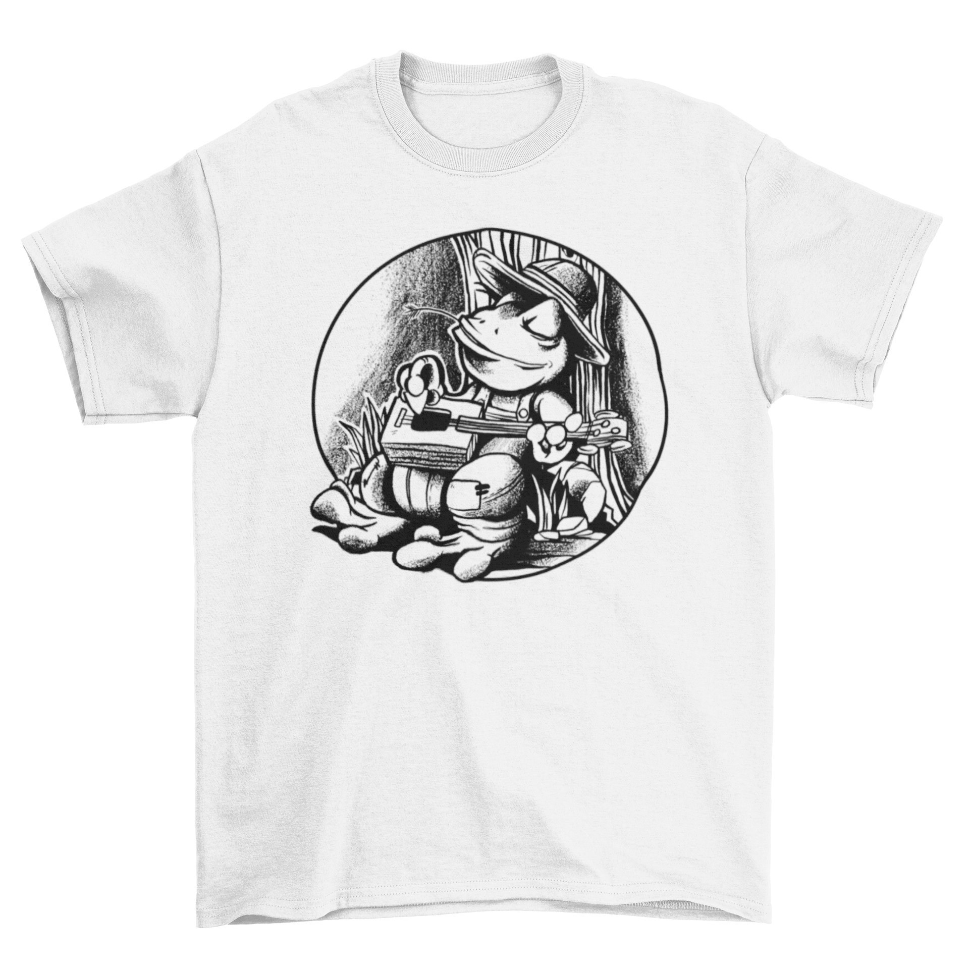 A vibrant t-shirt featuring a hand-drawn frog playing a cigar box guitar, showcasing a unique and artistic design.