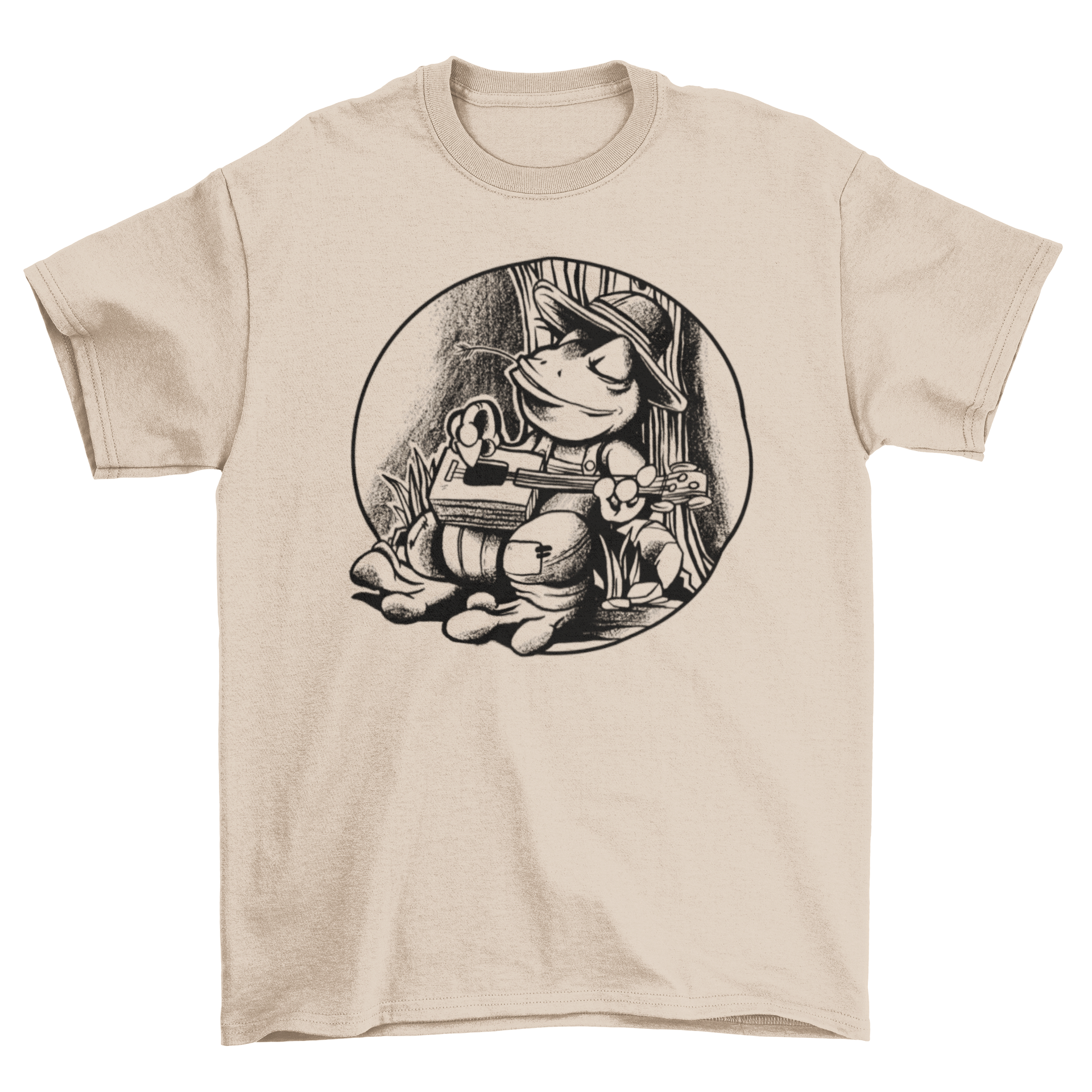 A vibrant t-shirt featuring a hand-drawn frog playing a cigar box guitar, showcasing a unique and artistic design.