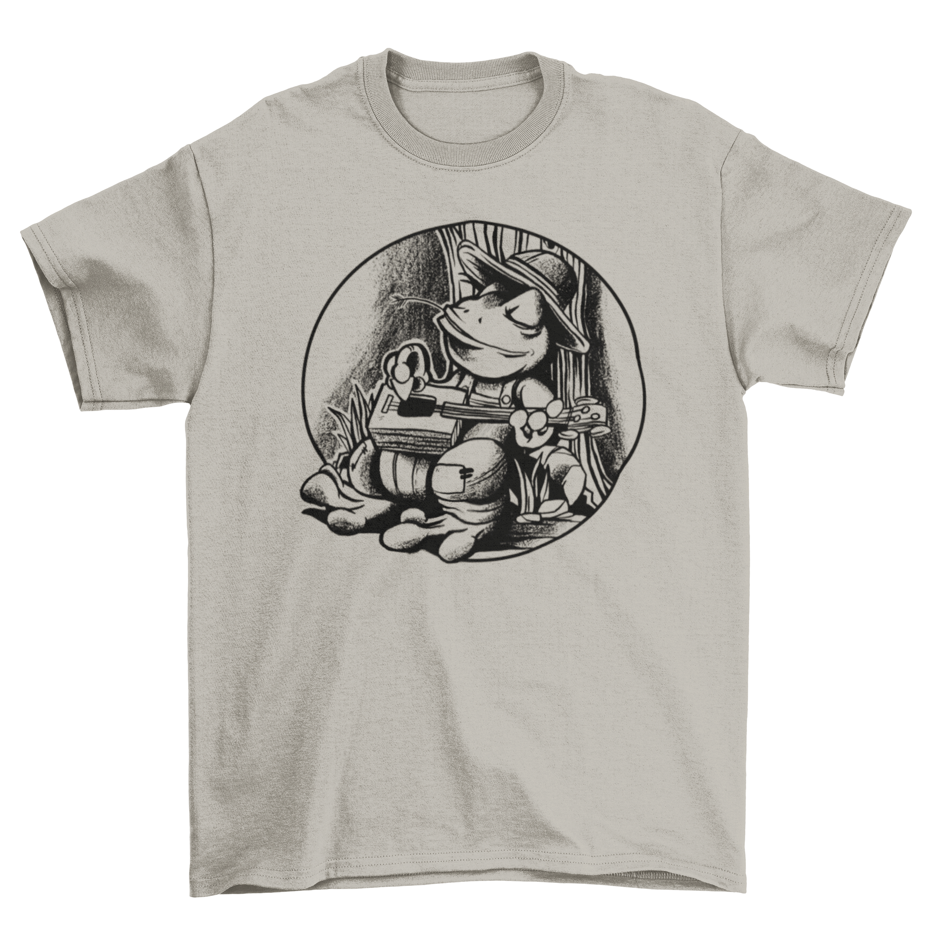 A vibrant t-shirt featuring a hand-drawn frog playing a cigar box guitar, showcasing a unique and artistic design.