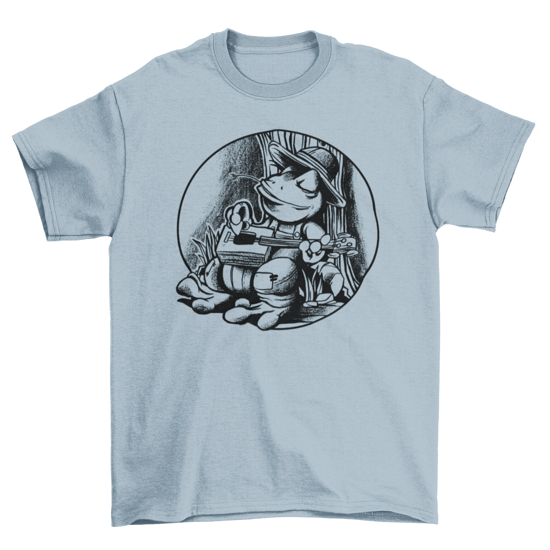A vibrant t-shirt featuring a hand-drawn frog playing a cigar box guitar, showcasing a unique and artistic design.