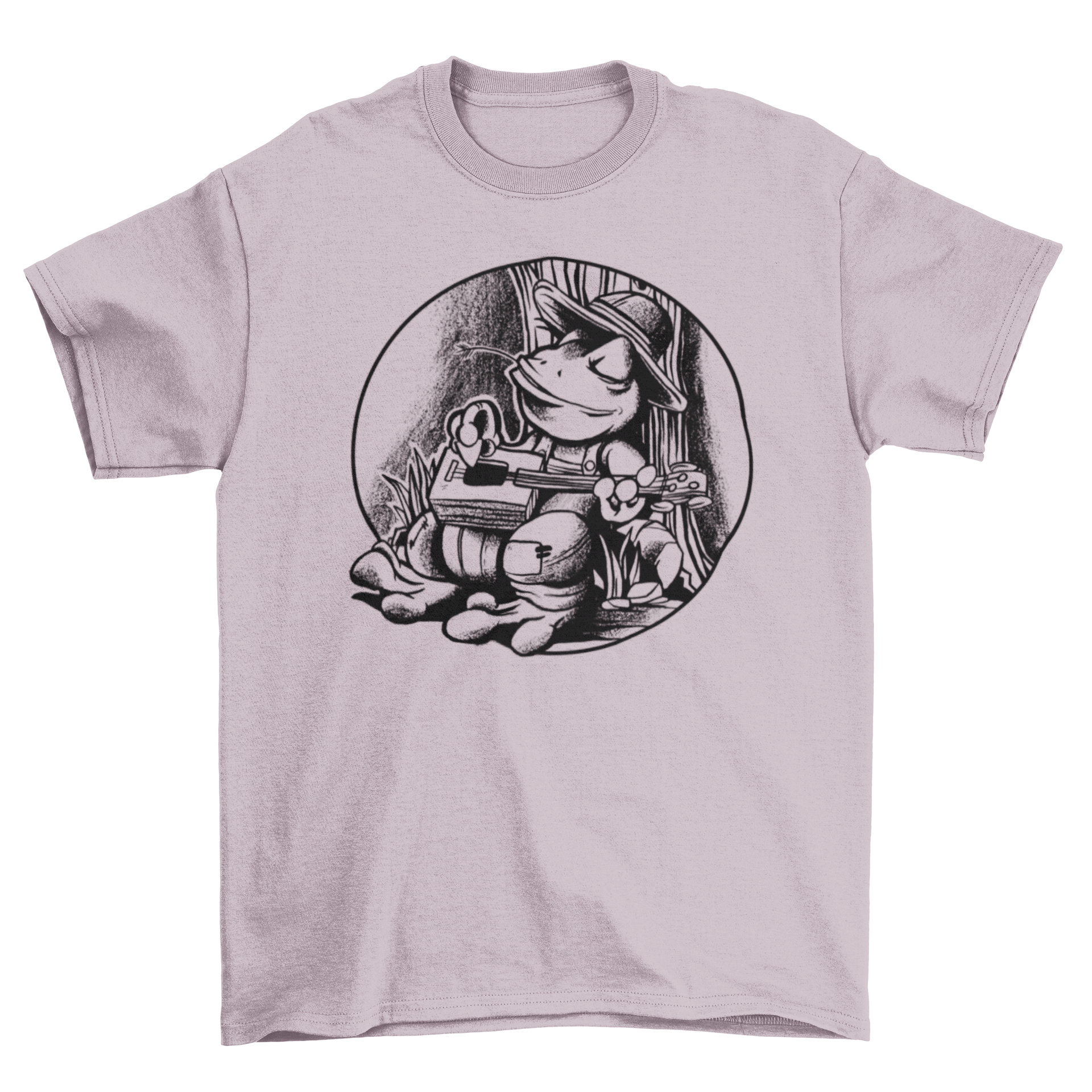 A vibrant t-shirt featuring a hand-drawn frog playing a cigar box guitar, showcasing a unique and artistic design.