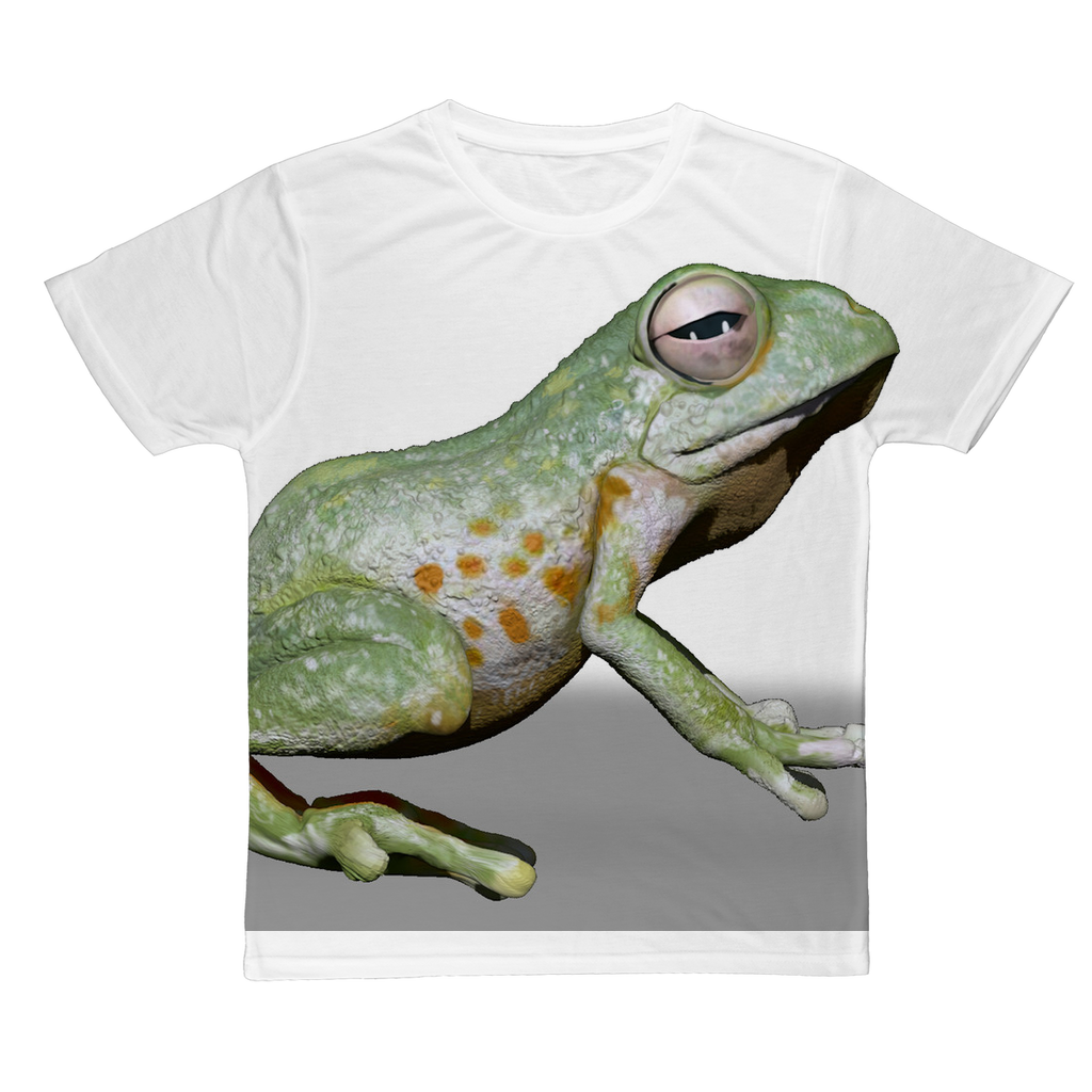 Frog Classic Sublimation Adult T-Shirt in vibrant colors, showcasing its soft polyester fabric and design suitability for sublimation printing.