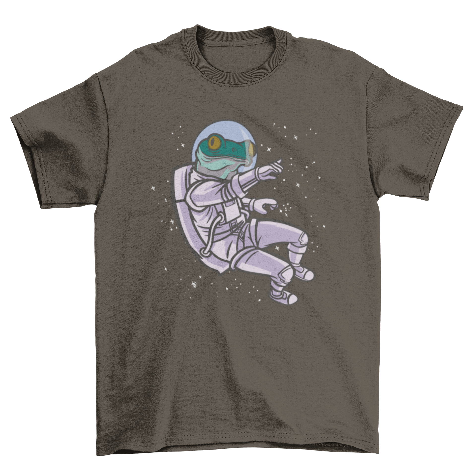 A vibrant t-shirt featuring a whimsical astronaut frog floating in space, surrounded by stars.
