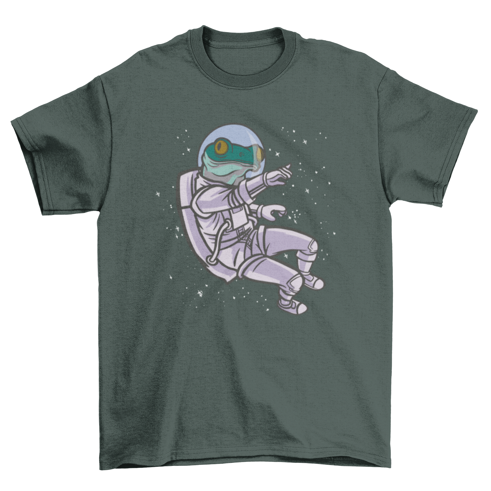 A vibrant t-shirt featuring a whimsical astronaut frog floating in space, surrounded by stars.