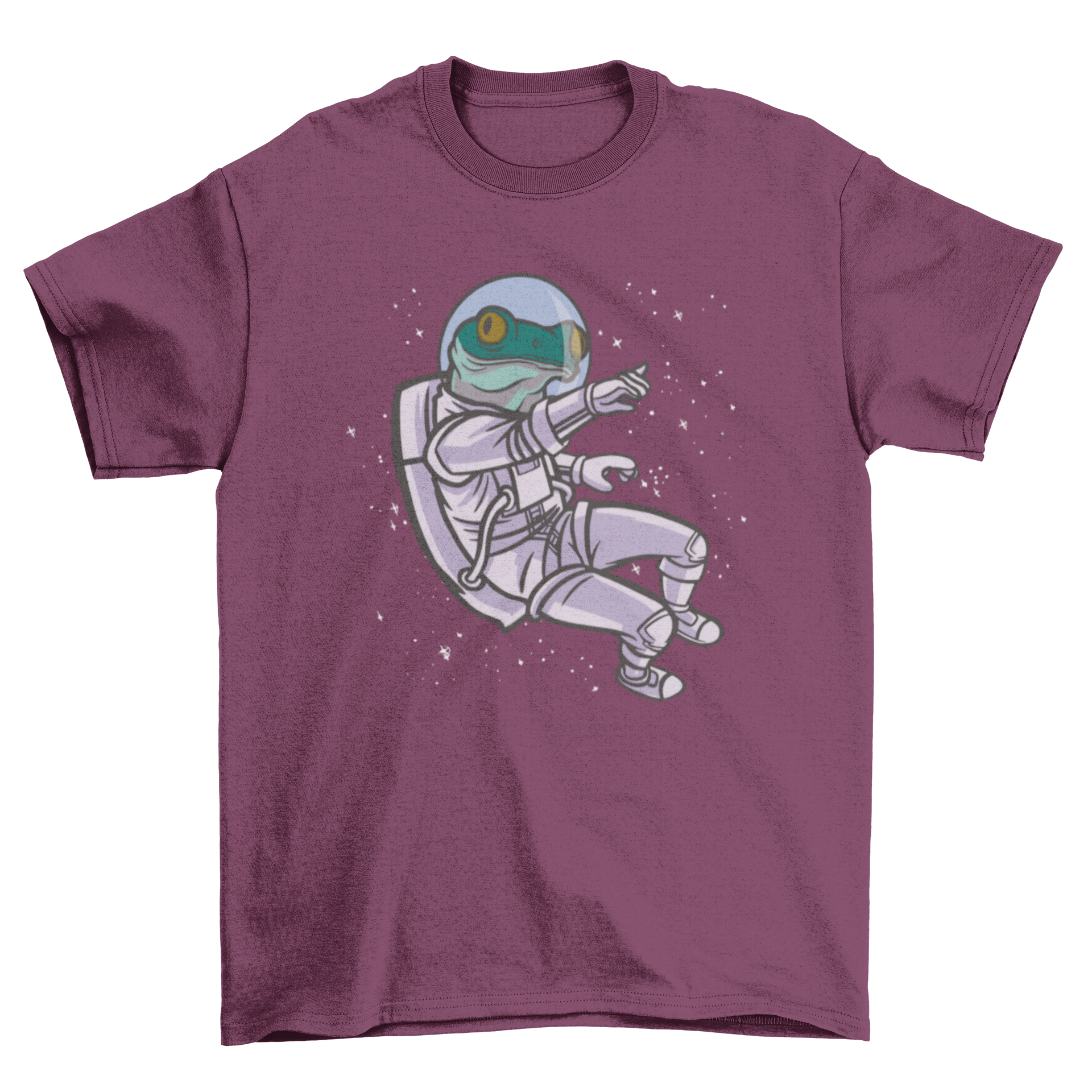 A vibrant t-shirt featuring a whimsical astronaut frog floating in space, surrounded by stars.