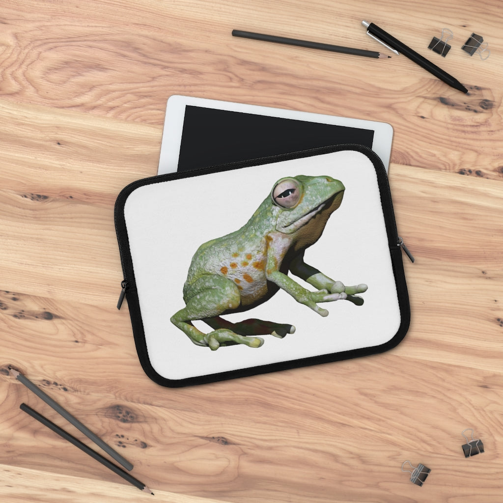 Frog Laptop Sleeve featuring a customizable front design and a solid black polyester back, showcasing its dual zipper enclosures.