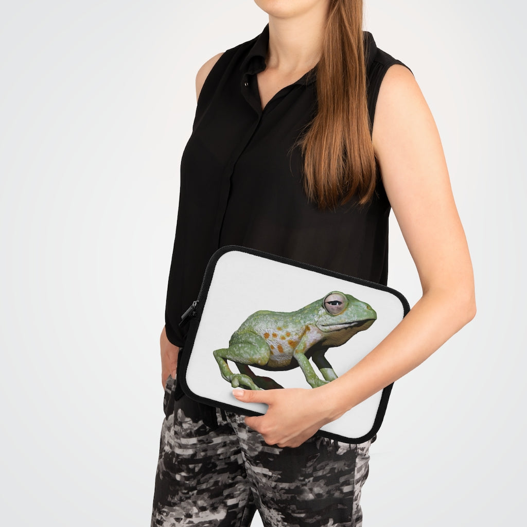 Frog Laptop Sleeve featuring a customizable front design and a solid black polyester back, showcasing its dual zipper enclosures.