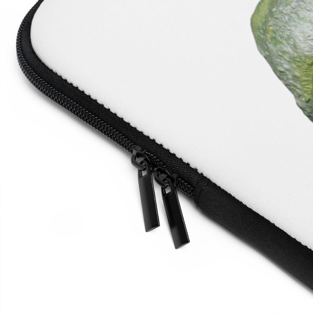 Frog Laptop Sleeve featuring a customizable front design and a solid black polyester back, showcasing its dual zipper enclosures.
