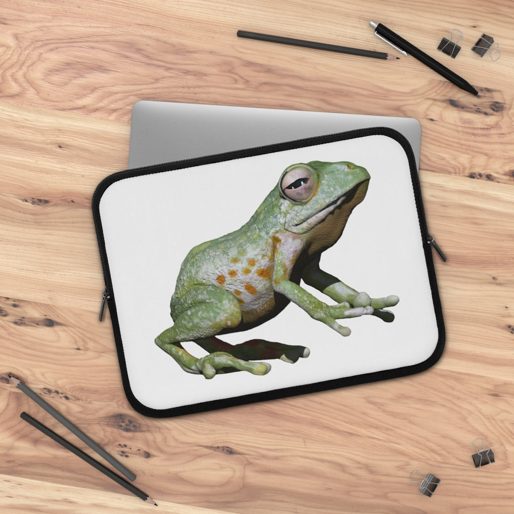 Frog Laptop Sleeve featuring a customizable front design and a solid black polyester back, showcasing its dual zipper enclosures.