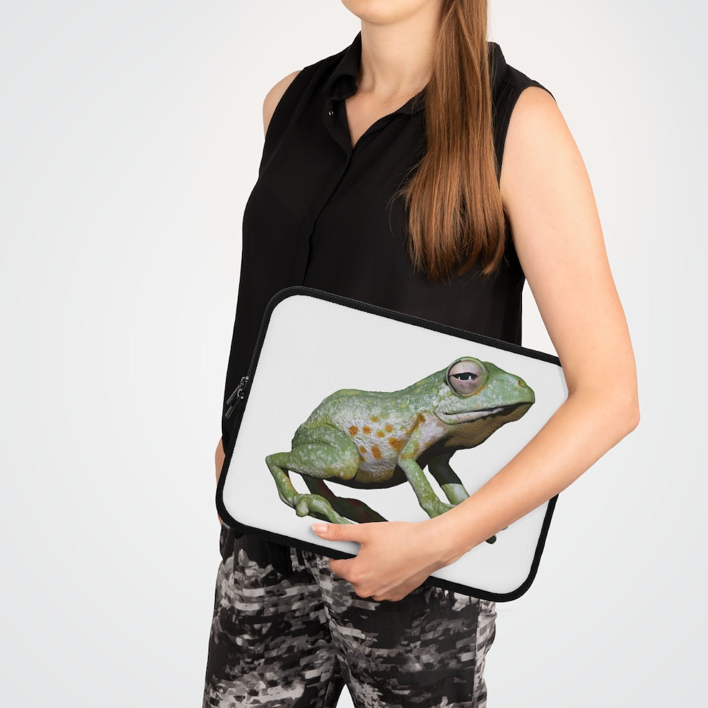 Frog Laptop Sleeve featuring a customizable front design and a solid black polyester back, showcasing its dual zipper enclosures.