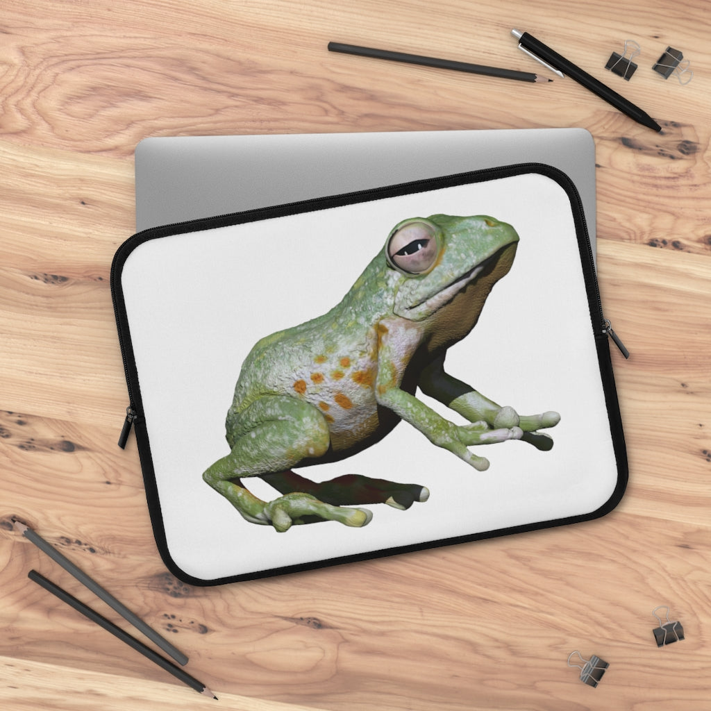 Frog Laptop Sleeve featuring a customizable front design and a solid black polyester back, showcasing its dual zipper enclosures.