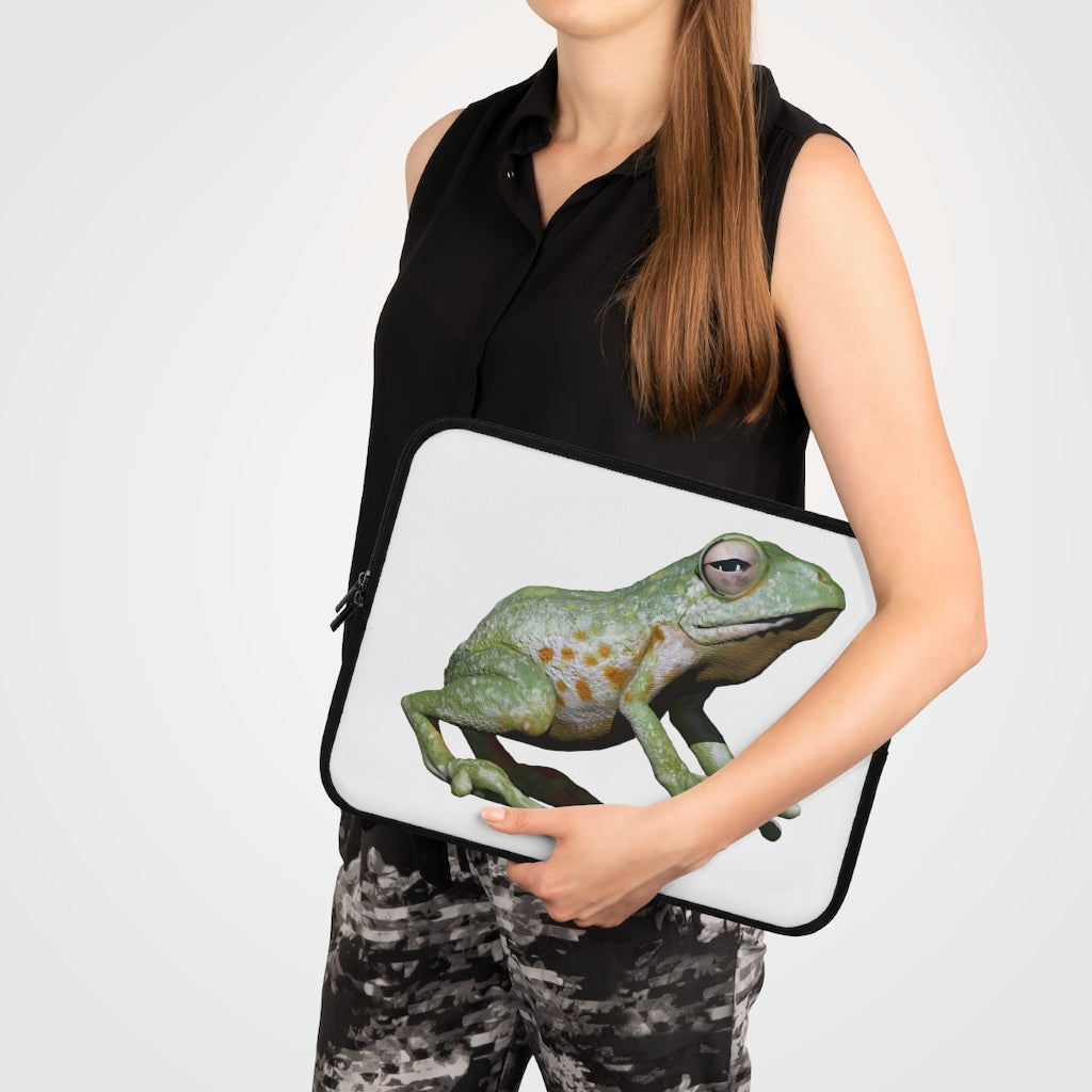 Frog Laptop Sleeve featuring a customizable front design and a solid black polyester back, showcasing its dual zipper enclosures.