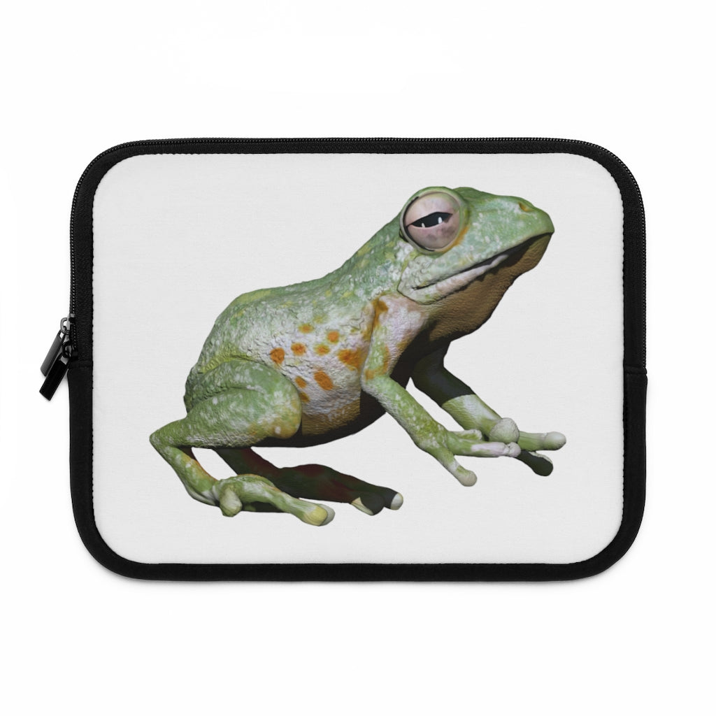 Frog Laptop Sleeve featuring a customizable front design and a solid black polyester back, showcasing its dual zipper enclosures.
