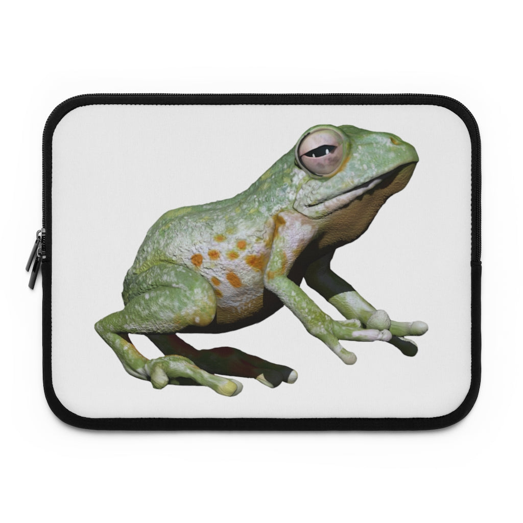Frog Laptop Sleeve featuring a customizable front design and a solid black polyester back, showcasing its dual zipper enclosures.
