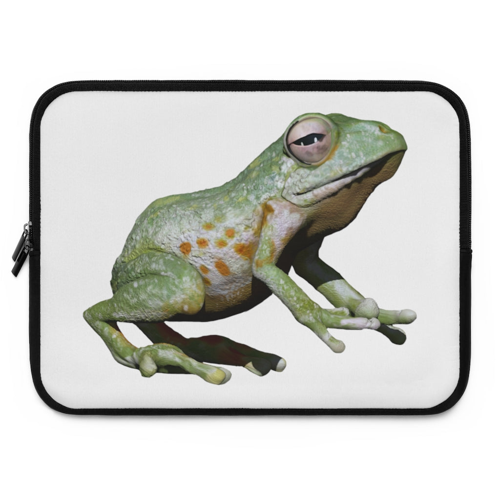 Frog Laptop Sleeve featuring a customizable front design and a solid black polyester back, showcasing its dual zipper enclosures.