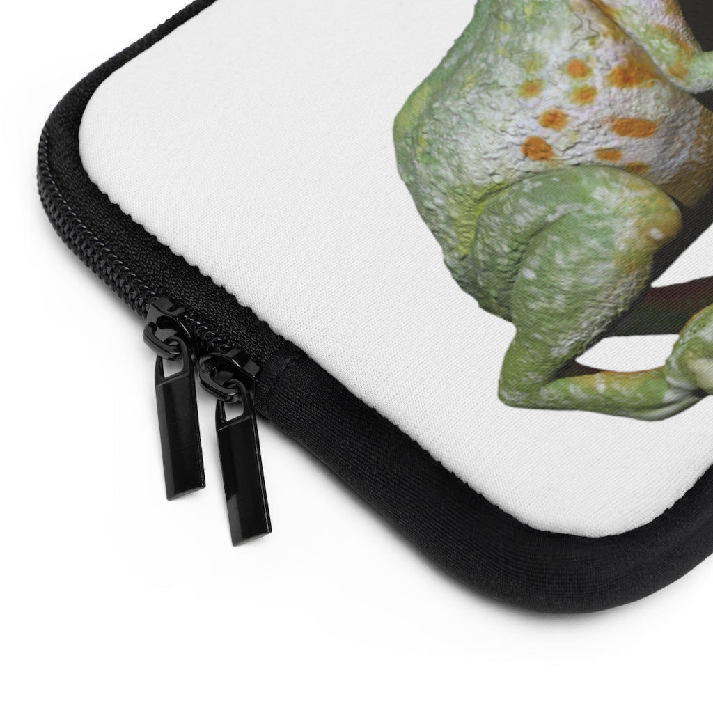 Frog Laptop Sleeve featuring a customizable front design and a solid black polyester back, showcasing its dual zipper enclosures.