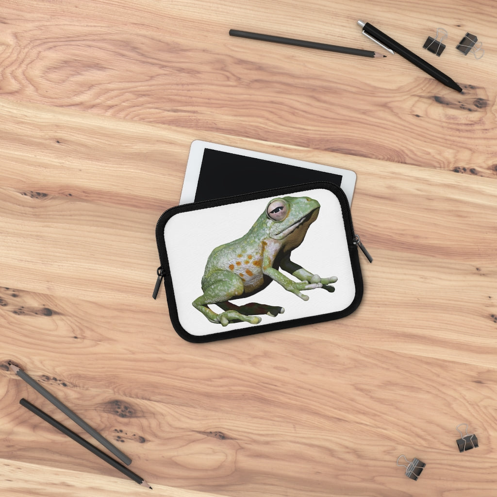 Frog Laptop Sleeve featuring a customizable front design and a solid black polyester back, showcasing its dual zipper enclosures.