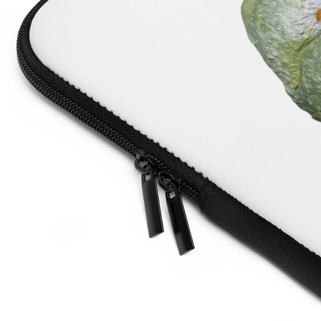 Frog Laptop Sleeve featuring a customizable front design and a solid black polyester back, showcasing its dual zipper enclosures.