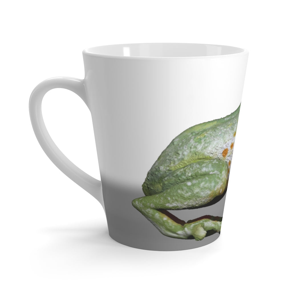 A whimsical ceramic latte mug featuring a charming frog design, perfect for coffee lovers.