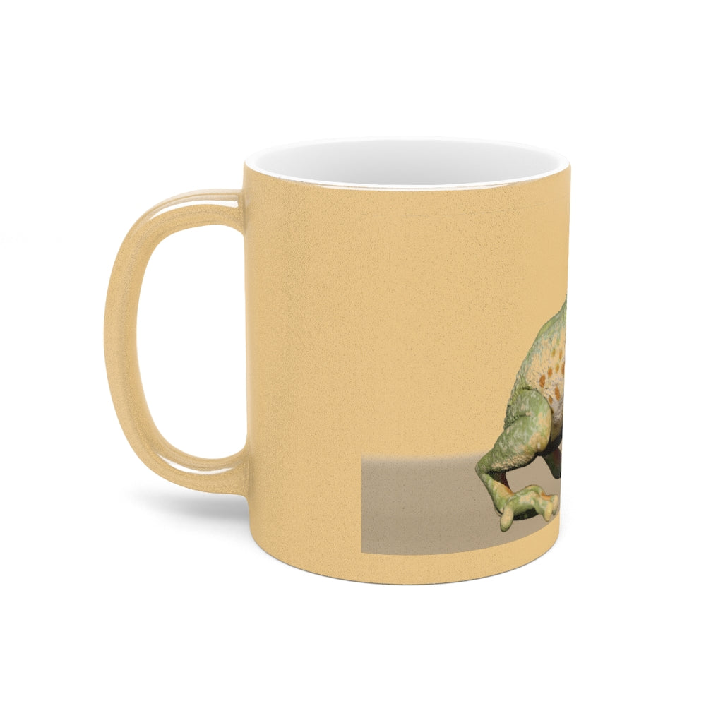 Frog Metallic Mug in Silver and Gold, showcasing its shiny ceramic finish and customizable design options.