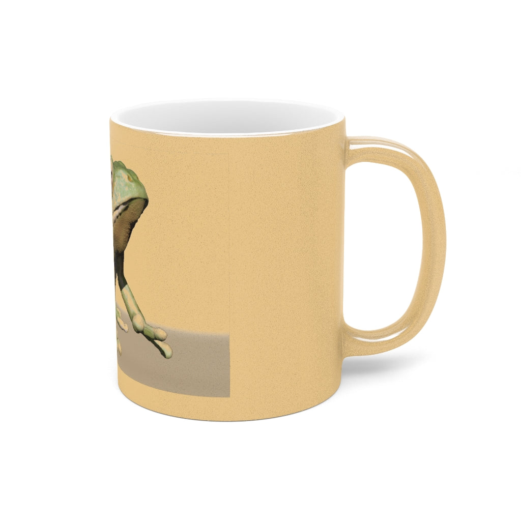 Frog Metallic Mug in Silver and Gold, showcasing its shiny ceramic finish and customizable design options.