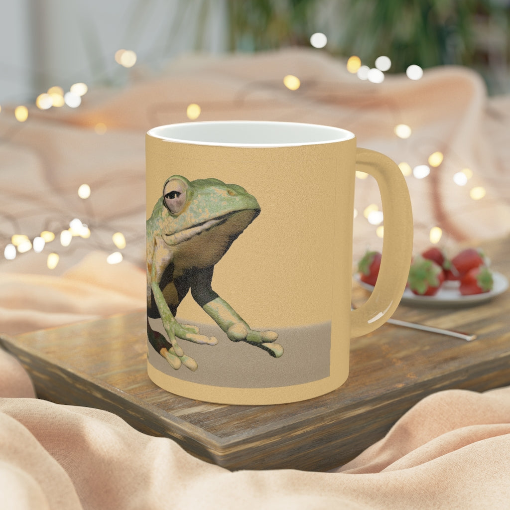 Frog Metallic Mug in Silver and Gold, showcasing its shiny ceramic finish and customizable design options.