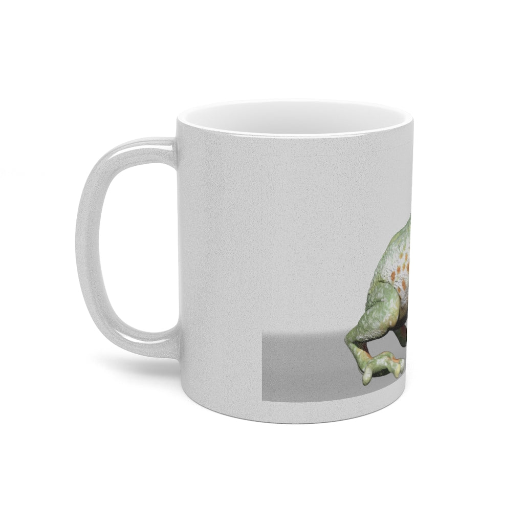 Frog Metallic Mug in Silver and Gold, showcasing its shiny ceramic finish and customizable design options.
