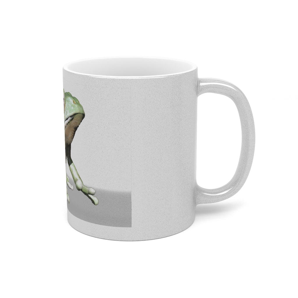 Frog Metallic Mug in Silver and Gold, showcasing its shiny ceramic finish and customizable design options.