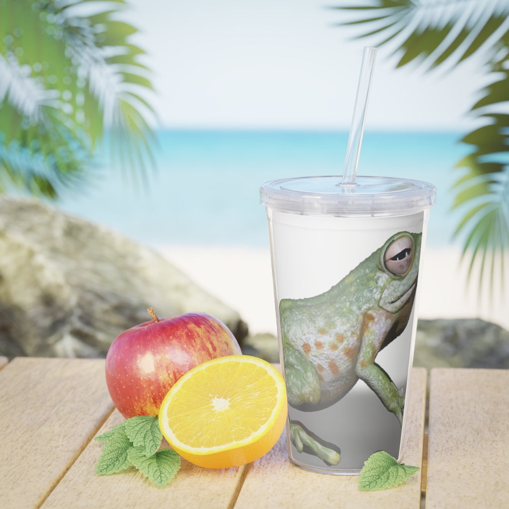 Frog Plastic Tumbler with Straw, featuring a fun frog design, lid, and straw, perfect for parties and gatherings.
