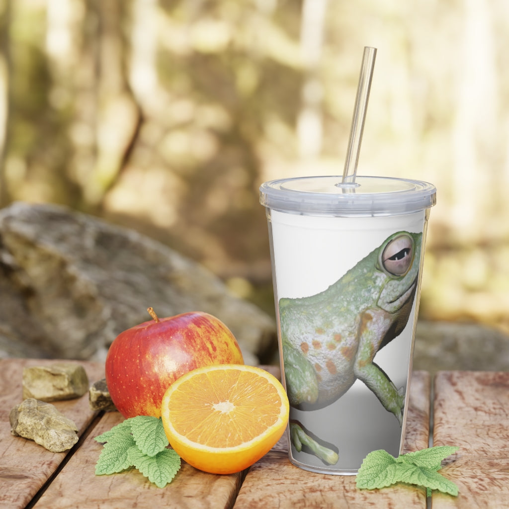 Frog Plastic Tumbler with Straw, featuring a fun frog design, lid, and straw, perfect for parties and gatherings.