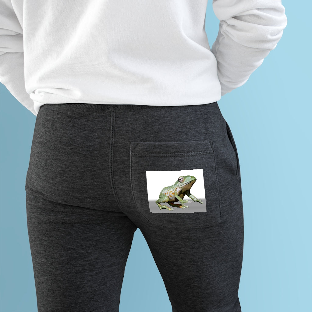 Frog Premium Fleece Joggers showcasing soft fabric, side pockets, and customizable back pocket.