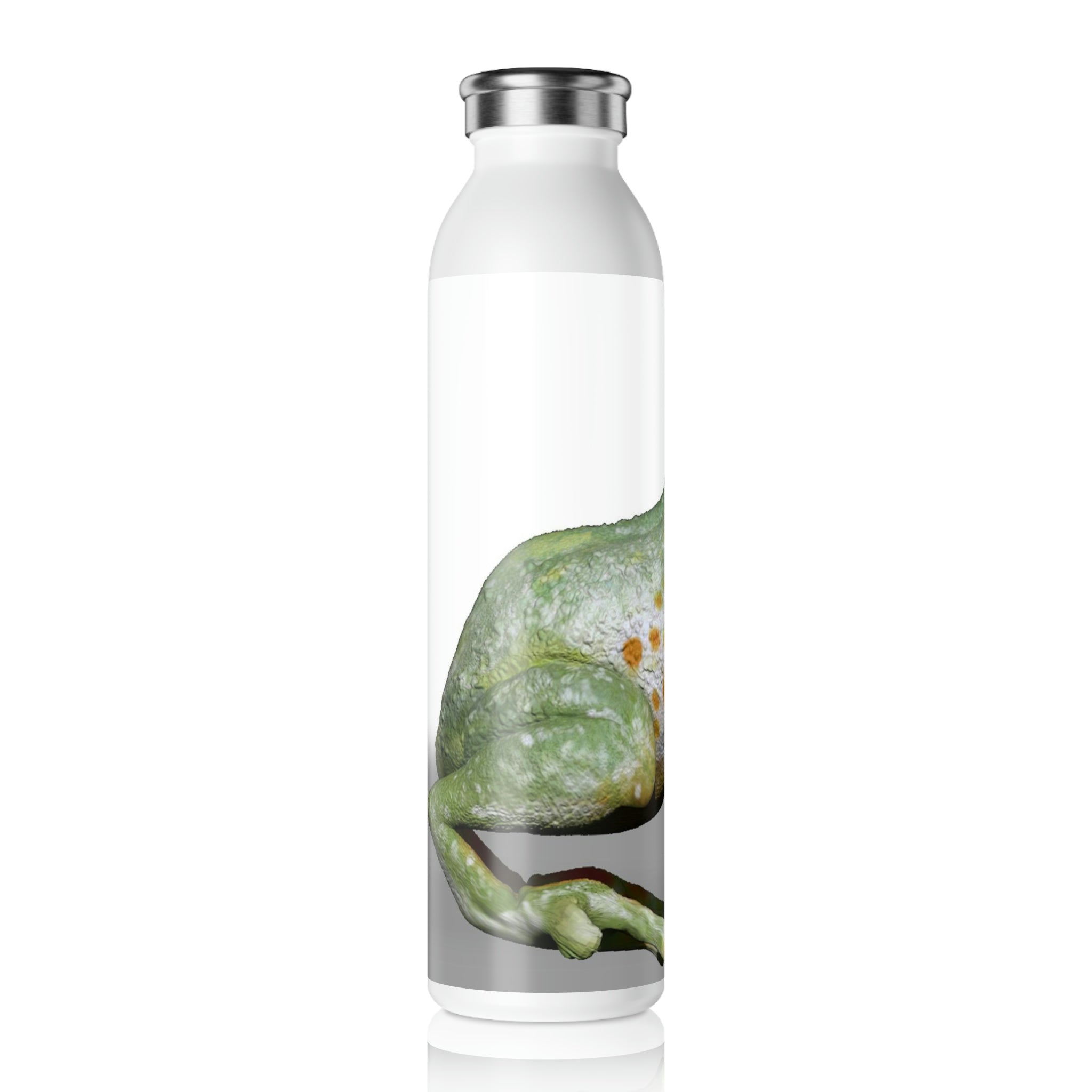 Frog Slim Water Bottle with matte finish and silver cap, showcasing personalized designs and double-wall stainless steel construction.