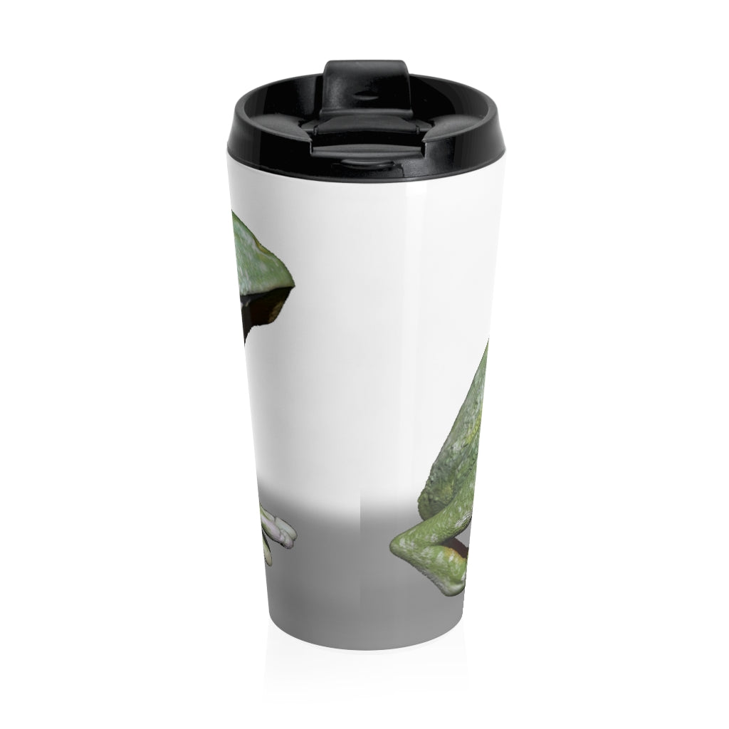 Frog Stainless Steel Travel Mug with vibrant design and black lid, perfect for coffee and tea lovers.