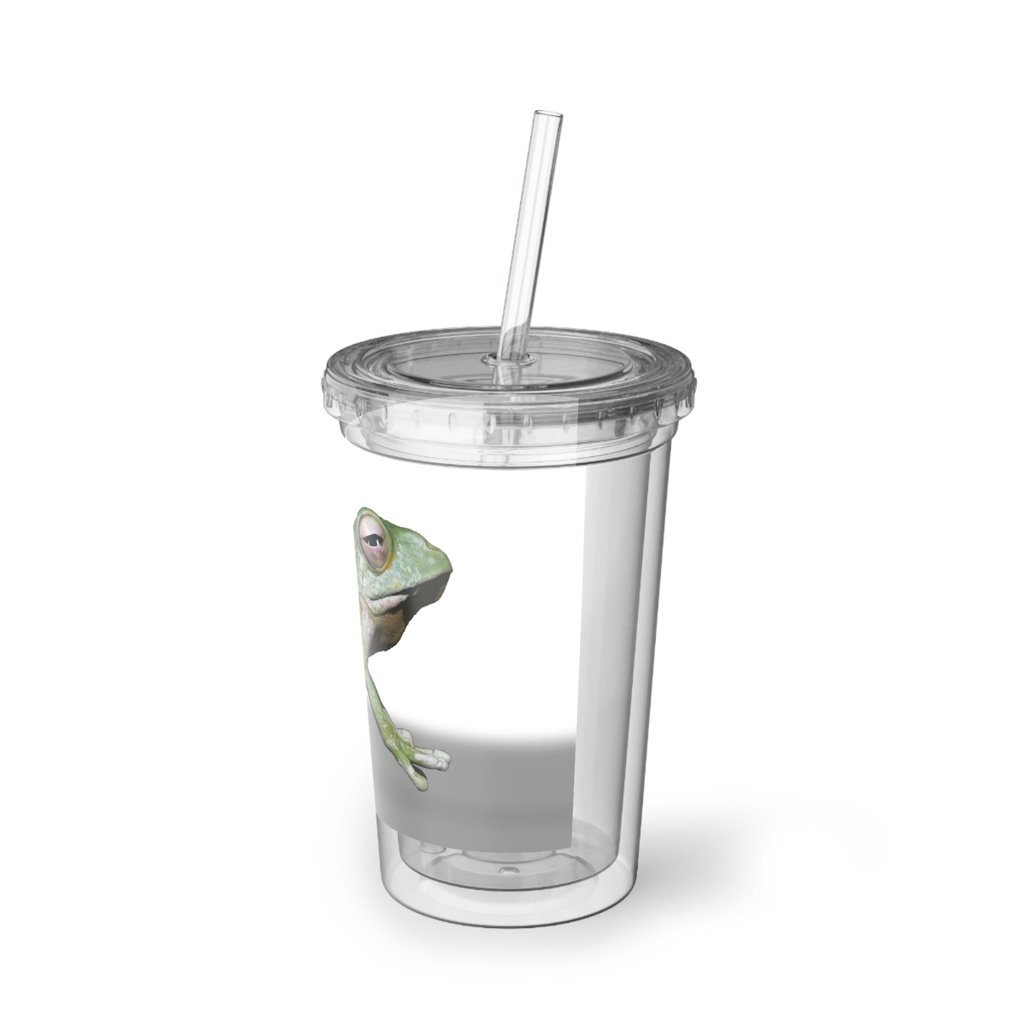 Frog Suave Acrylic Cup with double-wall insulation, featuring a plastic lid and straw, perfect for hot and cold beverages.
