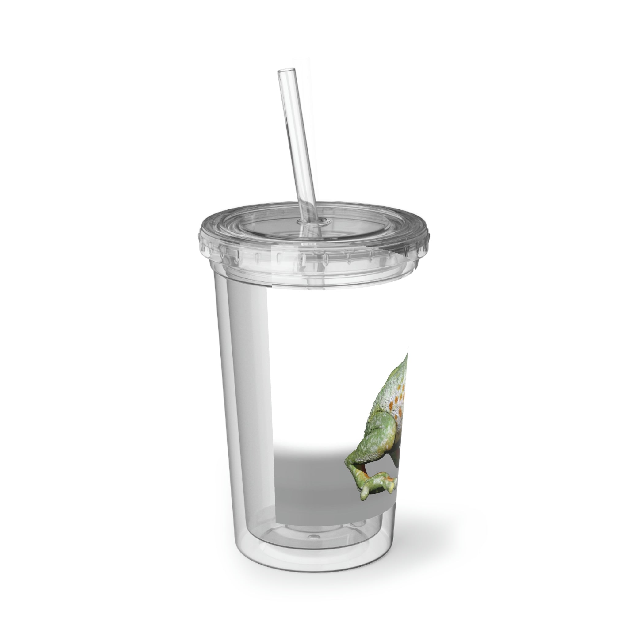 Frog Suave Acrylic Cup with double-wall insulation, featuring a plastic lid and straw, showcasing vibrant customizable artwork.