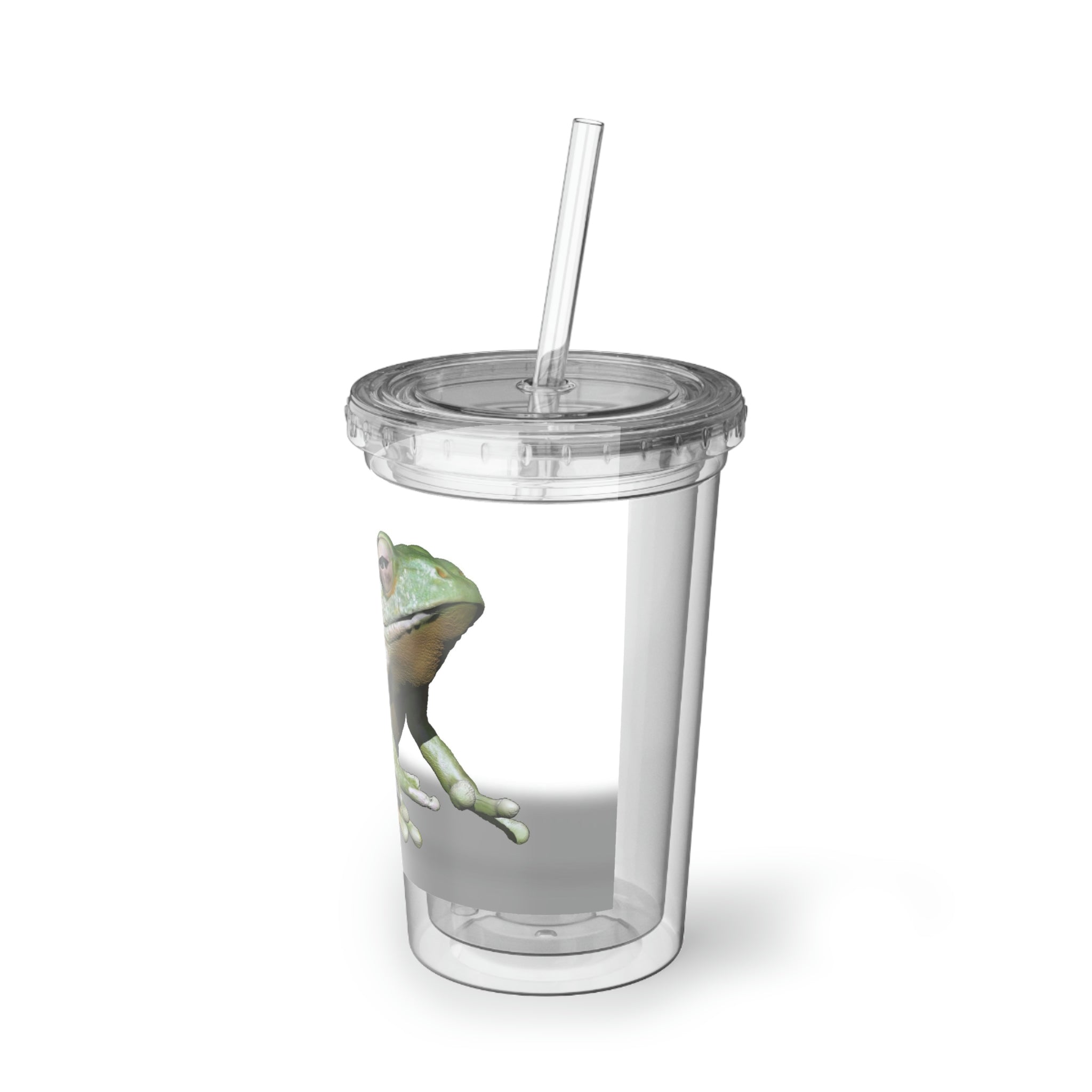 Frog Suave Acrylic Cup with double-wall insulation, featuring a plastic lid and straw, showcasing vibrant customizable artwork.